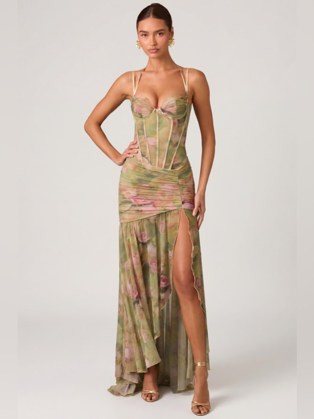 Oh Polly Haruna Ruched Asymmetric Corset Gown in Floral Multi Print